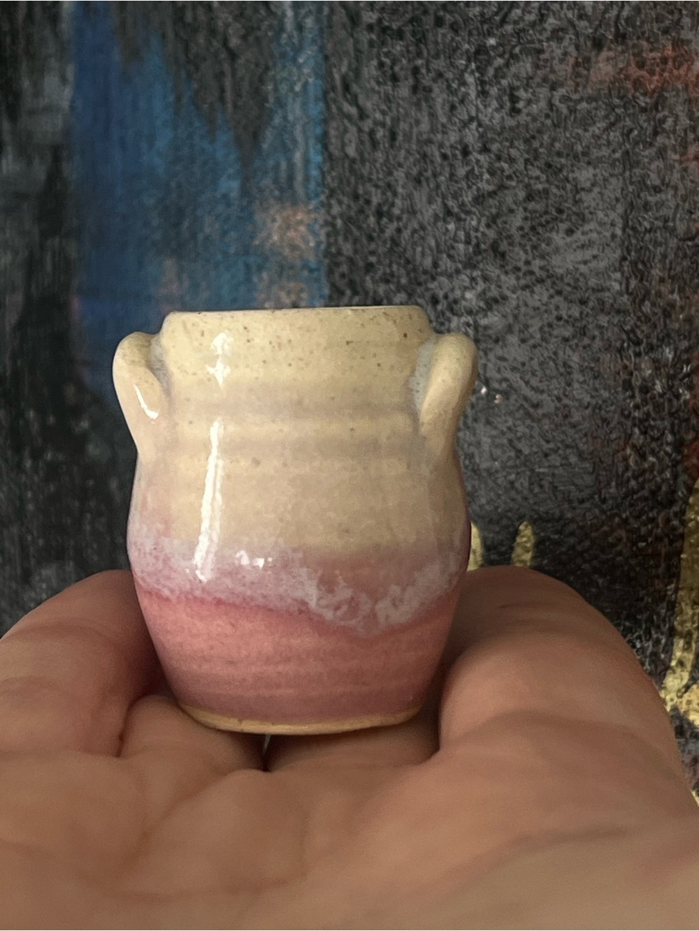 Vtg Handmade Cream and Pink Ceramic pottery Mini Vase